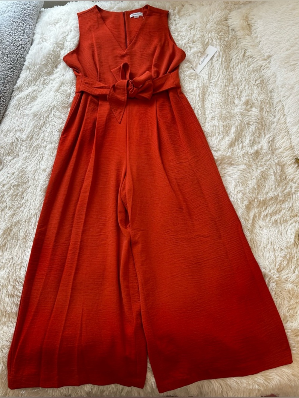 Calvin Klein Orange Sleeveless V-Neck Wide-Leg Jumpsuit Waist Tie Size: 10 NWT - Picture 5 of 14